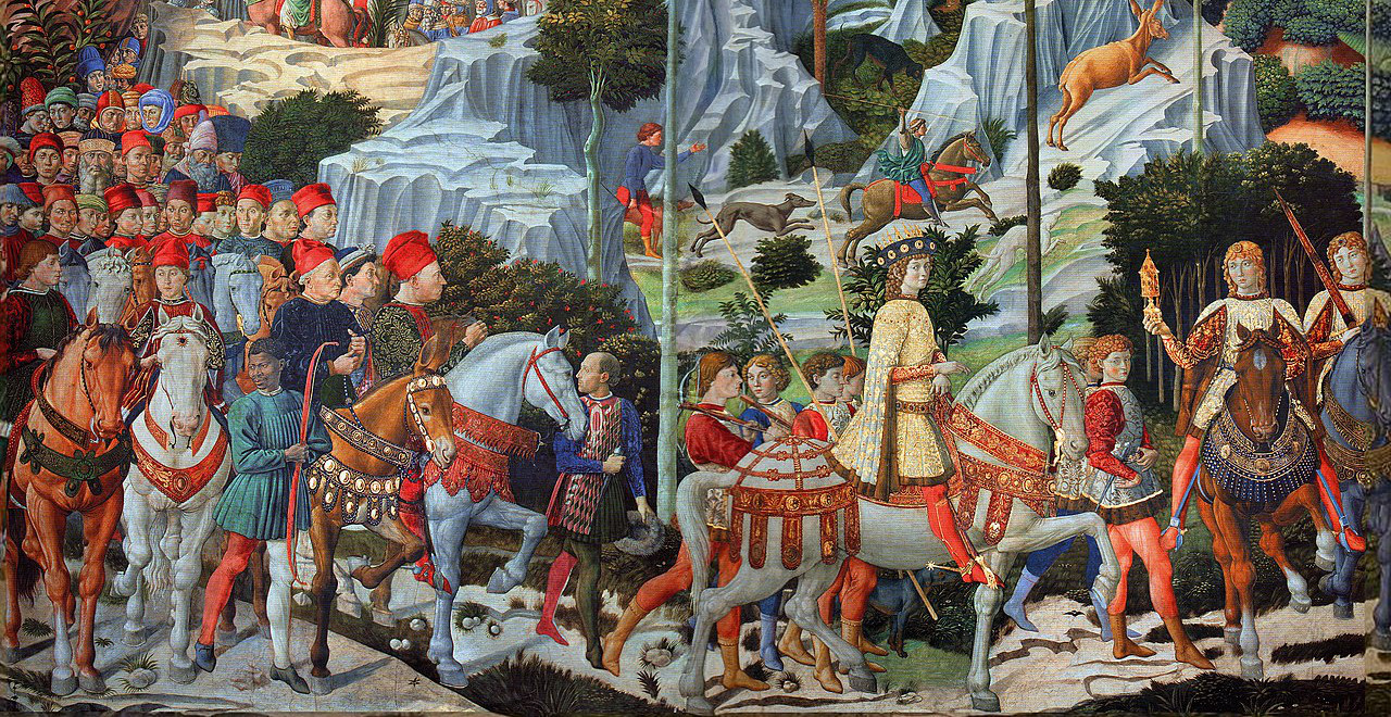 It's a 15th-century Italian painting of the Magi on their way to visit the infant Christ.