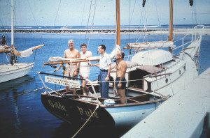 Golden Rule in 1958. From left to right: Captain Albert S. Bigelow, Orion Sherwood, WIlliam Huntington, and George Willoughby. Courtesy Jessica (Reynolds) Renshaw.