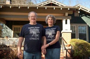 The author and her husband in front of Quaker House.