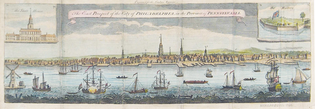 "The East Prospect of the City of Philadelphia, in the Province of Pennsylvania" (original drawing, 1754), by George Heap and Nicholas Scull.