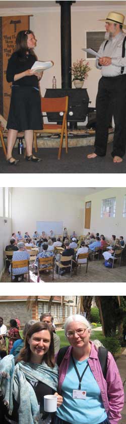 From top: The author with Mark Wutka, spring of 2011; the author leading a thread group at the 2012 World Conference of Friends in Kenya; the author with Lucy Fullerton at the 2012 World Conference of Friends in Kenya. Top two photos © Joe Snyder; bottom © Chris Mohr.