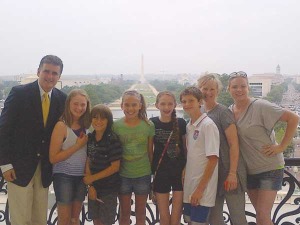 Group from Yardley Meeting poses with Representative Fitzpatrick (far left) in Washington, D.C. Left to right: Hana Sparks-Woodford, Kevin Killeen, Sydney Stockton, Sidney Gibson, Colin Killeen, chaperon Jen Sparks, and teacher Jenna Seuffert.