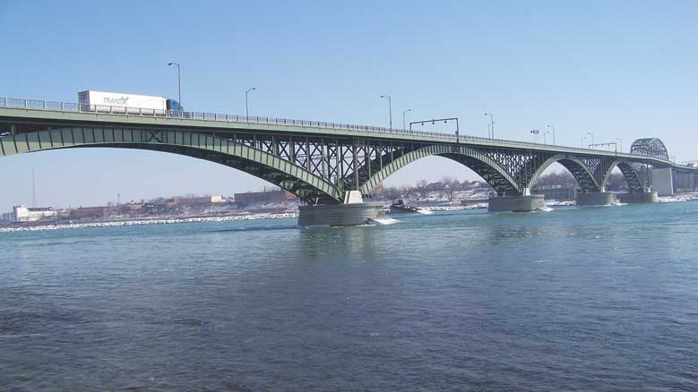 Peace bridge between Canada and the United States at the east end of Lake Erie.