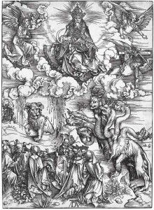 "The Revelation of St John: 12. The Sea Monster and the Beast with the Lamb's Horn." A woodcut by Albrecht Durer.