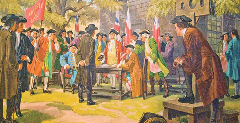 A 1953 painting by Cliff Young depicting the disenfranchisement of the Friends at the election of 1733 on Saint Paul's green. Photo courtesy of Saint Paul's Church National Historic Site. https://www.friendsjournal.org/?attachment_id=3020190#lightbox/0/