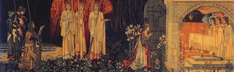 The Attainment: The Vision of the Holy Grail to Sir Galahad, Sir Bors, and Sir Perceval. Number 6 of the Holy Grail tapestries woven by Morris & Co., 1891-1896. Wool and silk on cotton warp. Birmingham Museum and Art Gallery.
